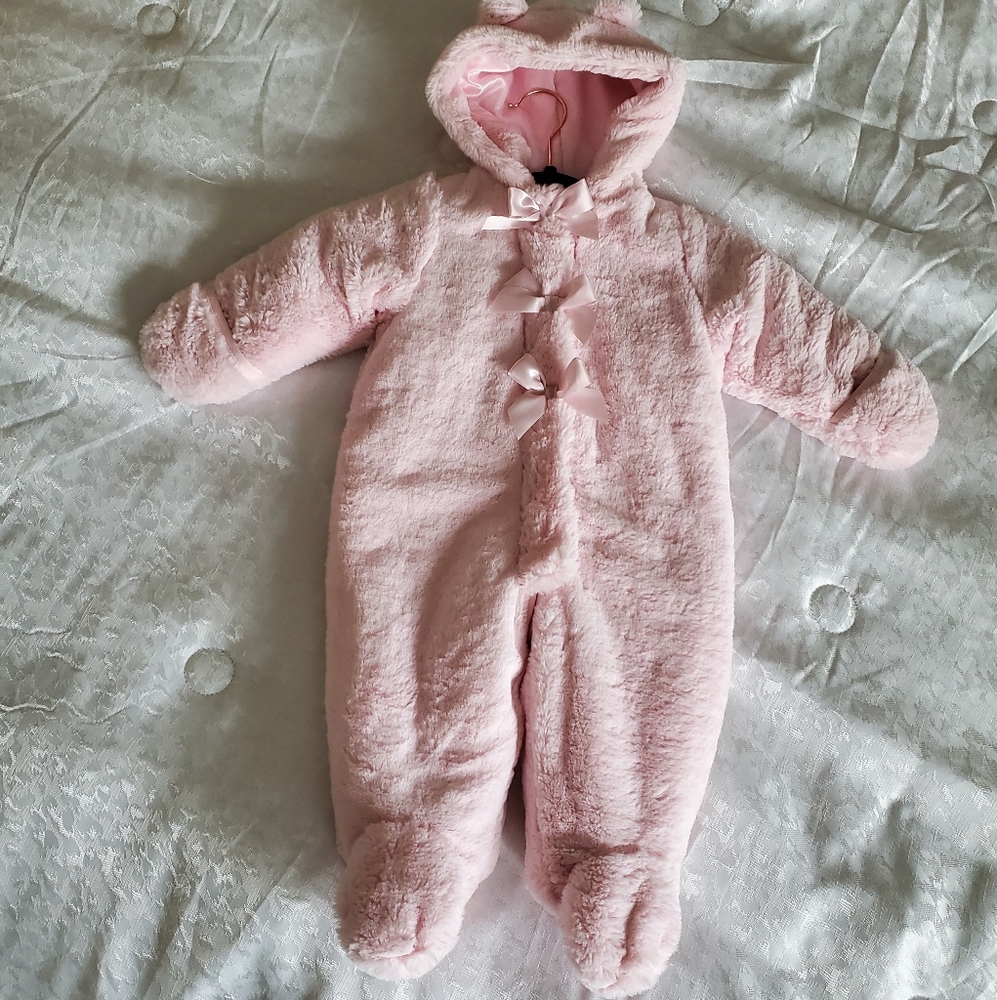 Super soft baby pink snowsuit with hoodie and bows